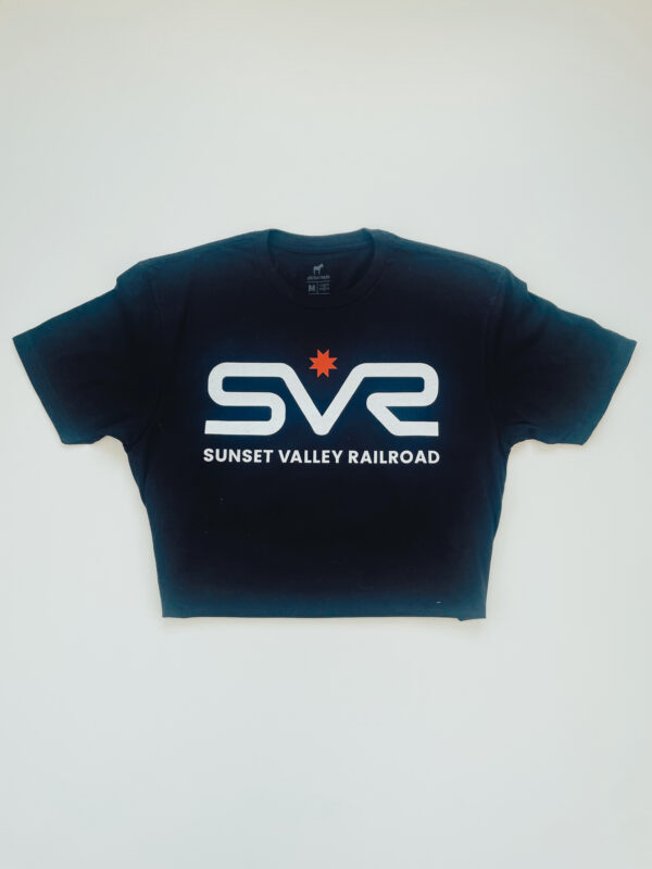 Black t-shirt with Sunset Valley Railroad logo